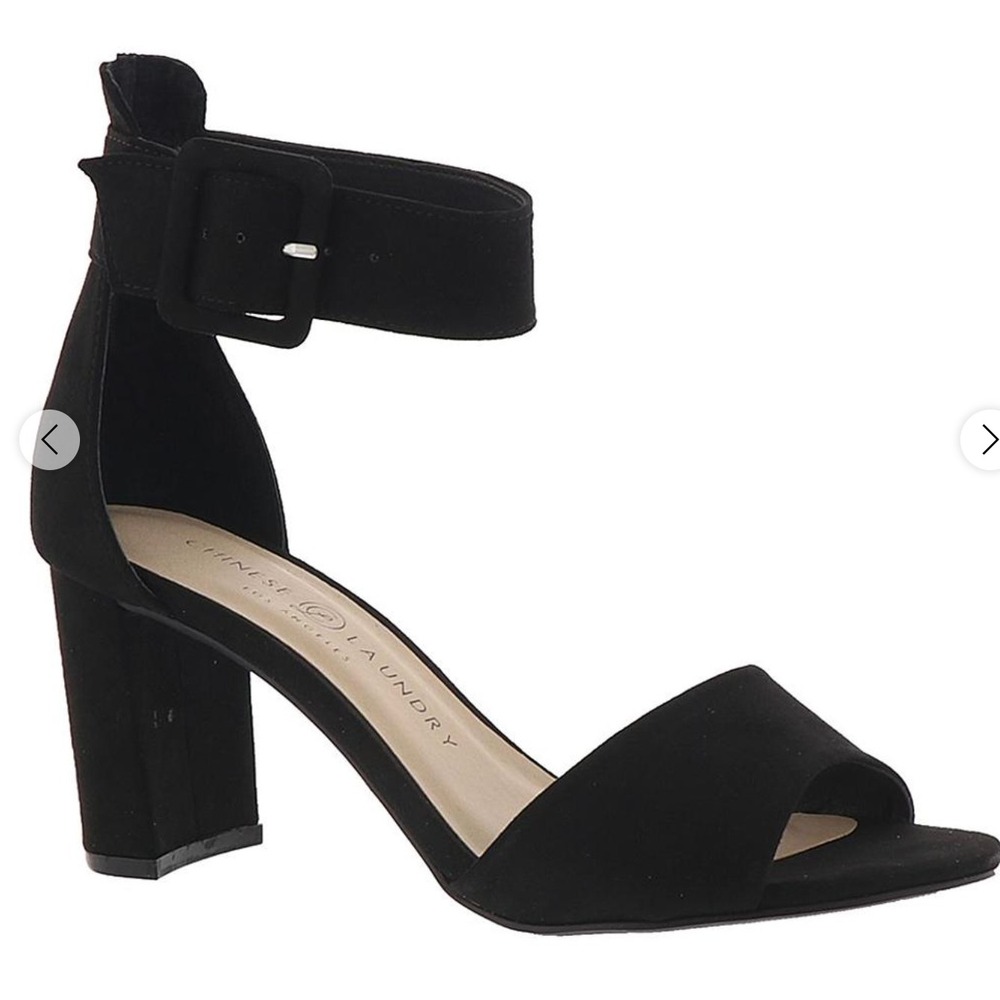 Chinese Laundry Black Block Heel Sandals Ankle Strap Buckle Open Toe 7 NWOB